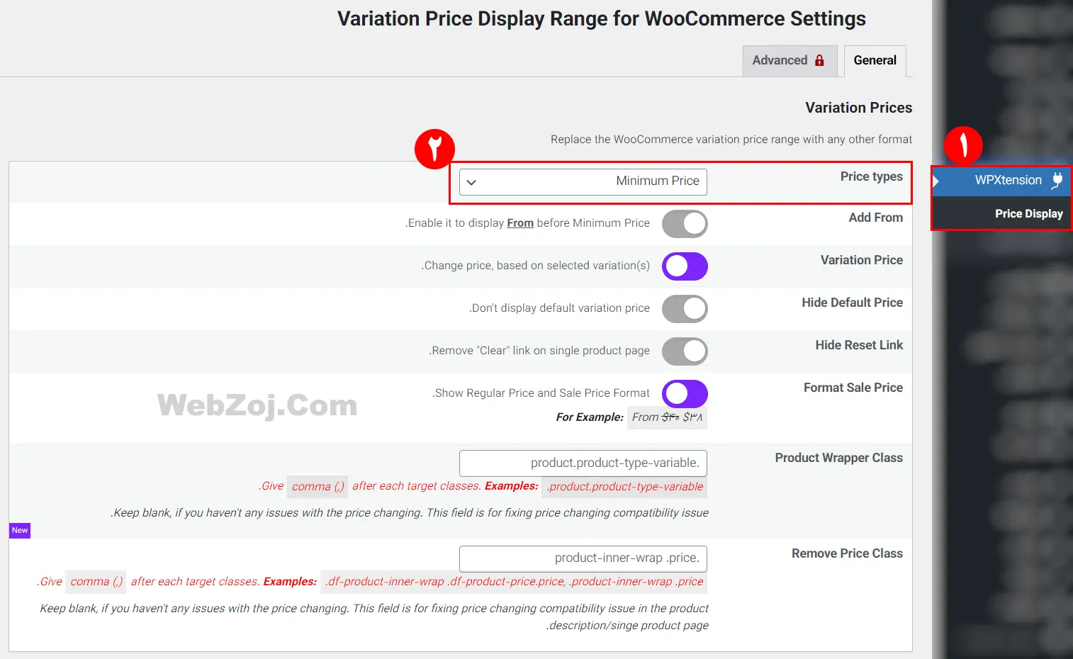 تنظیمات افزونه Variation Price Display Range for WooCommerce