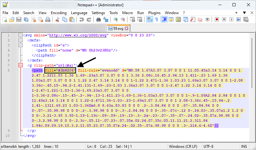 نمایش کدهای ایکون svg در نرم افزار ویرایش متن و یافتن کد رنگی آیکون